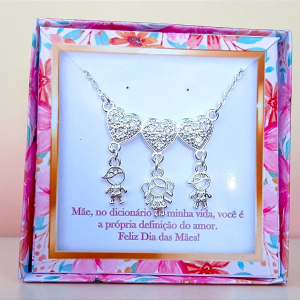 Colar 3 Filhos 2 Meninos E 1 Menina Pingente Com Corações