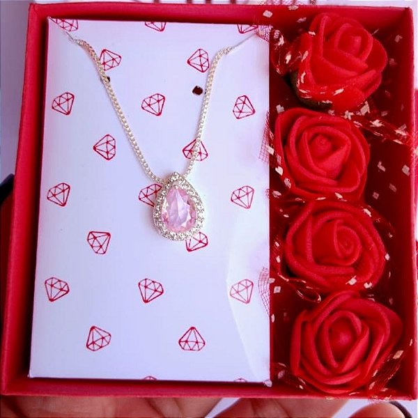 Kit Presente Dia dos Namorados Colar Gota Rosa Cravejada