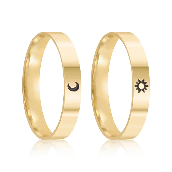 Par de alianças casamento Sol e Lua 3mm de ouro 18k  - Anel solitário Brinde