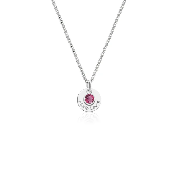 Colar Feminino com Cristal rosa e Medalha personalizavel - PRATA 925