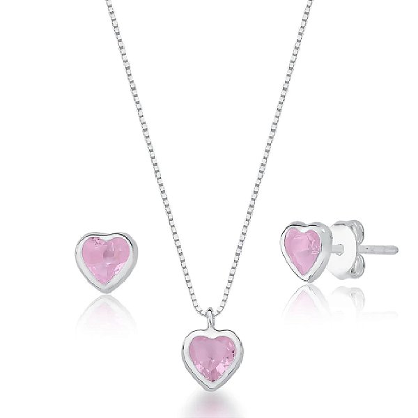 Conjunto Colar e brinco Ponto de Luz Coração Rosa Claro  - PRATA 925