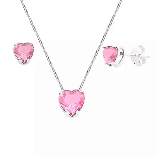 Conjunto Colar e Brinco Ponto de Luz Coração Rosa Claro - PRATA 925