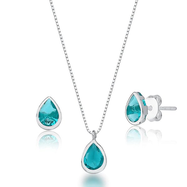 Conjunto Colar e Brinco Ponto de Luz Gota Verde Agua - PRATA 925