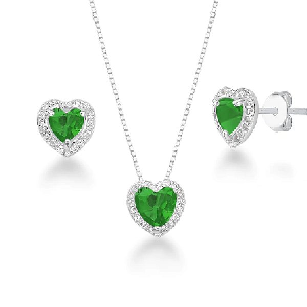 Conjunto feminino colar e brinco com Coração Cravejado Verde - PRATA 925
