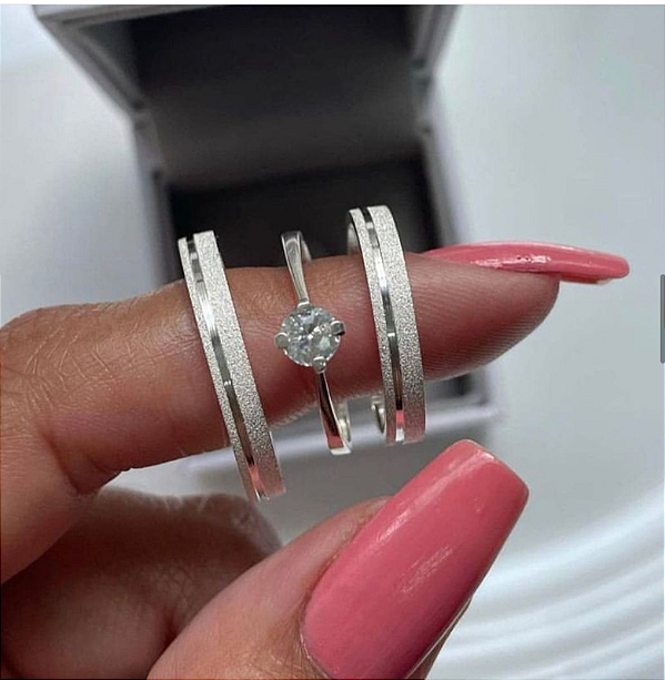 Par de alianças Kate 3mm de namoro + anel solitário prata 950