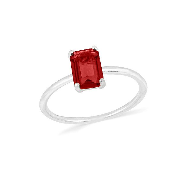Anel Solitário Cravejado com  pedra retangular vermelho - PRATA 925