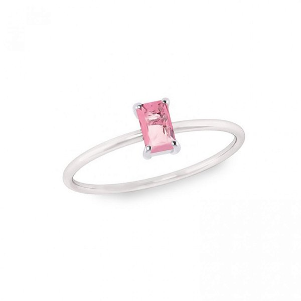 Anel solitário com pedra retangular rosa - Prata 925