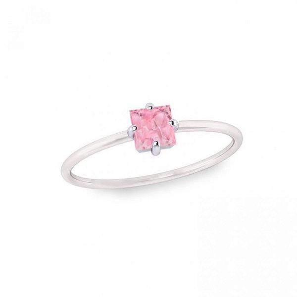 Anel feminino com pedra quadrada rosa- PRATA 925