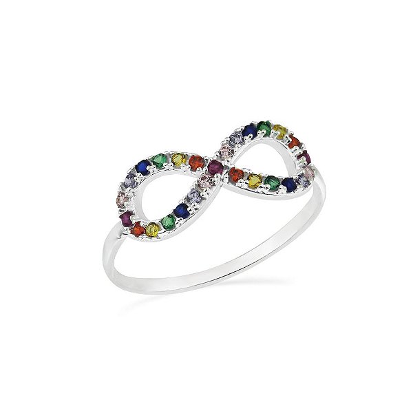 Anel feminino infinito  cravejado pedras coloridas - Prata 925