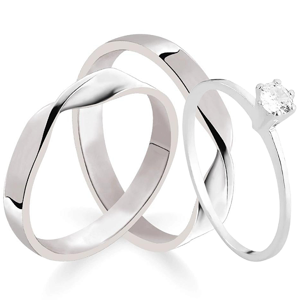 Par de alianças Princess 3mm de namoro + anel solitário prata 950