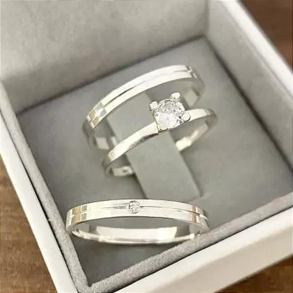 Par de alianças Kaia 2Kaia 2mm de namoro + anel solitário Classic prata 950