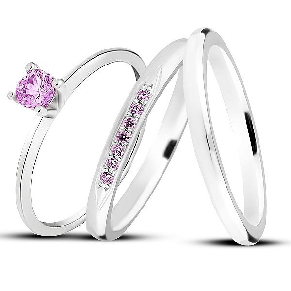 Par de alianças Mora 2mm rosa de namoro + anel solitário Classic prata 950