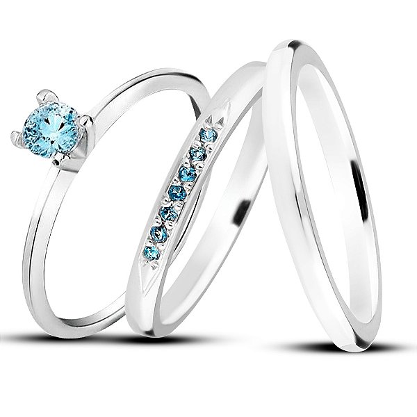 Par de alianças Mora 2mm Azul bebe de namoro + anel solitário Classic em prata 950