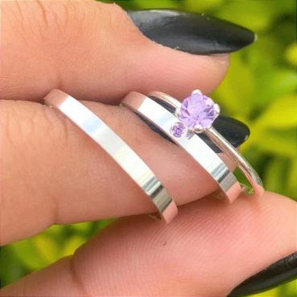Par de alianças Amice 2mm de namoro + anel solitário Classic prata 950