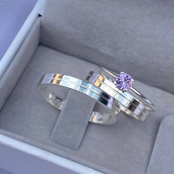 Par de alianças  Kira 3mm de namoro + anel solitário Classic prata 950