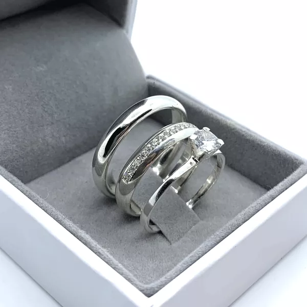 Par de alianças Helia 5mm de namoro + anel solitário prata 950