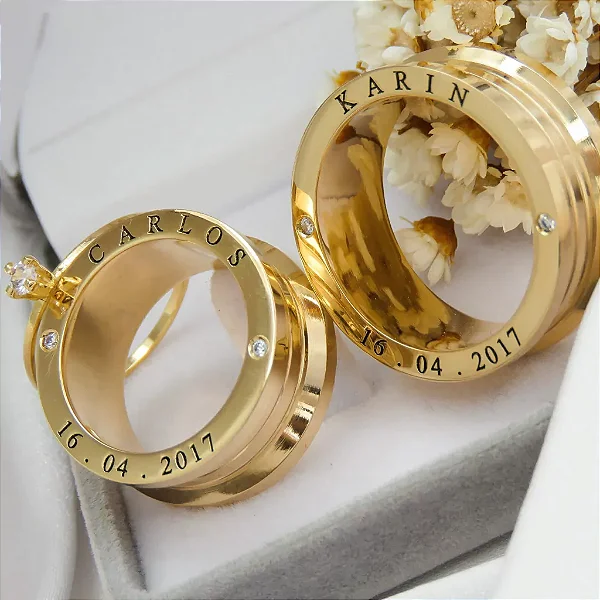 Par de alianças casamento Venice 10mm de moeda antiga - Anel solitário Brinde