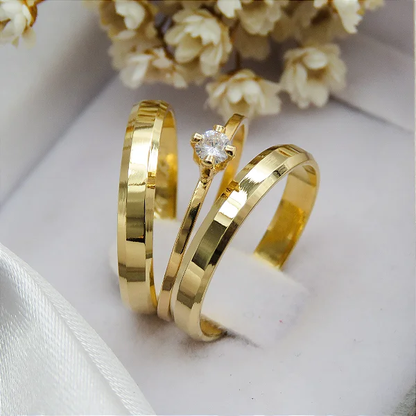Par de alianças casamento Seul 3mm de moeda antiga - Anel solitário Brinde