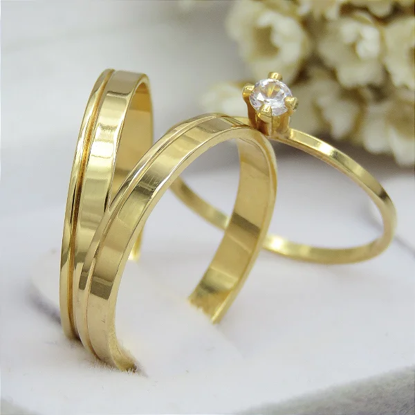 Par de alianças casamento Gênova 3mm de moeda antiga - Anel solitário Brinde