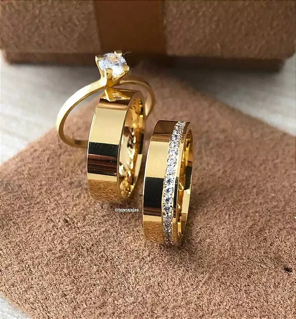 Par de alianças casamento Sofia 5mm de moeda antiga - Anel solitário Brinde