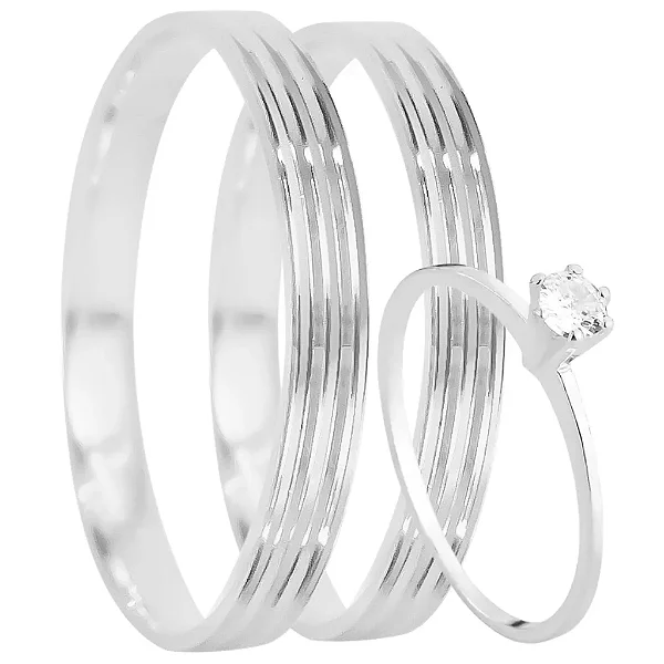 Par de alianças  Anika 4mm de namoro + anel solitário prata 950