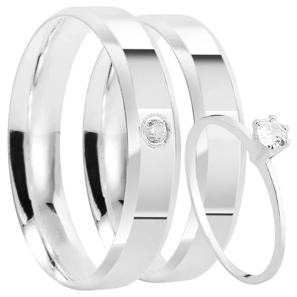 Par de alianças  Antonela 4mm de namoro + anel solitário prata 950