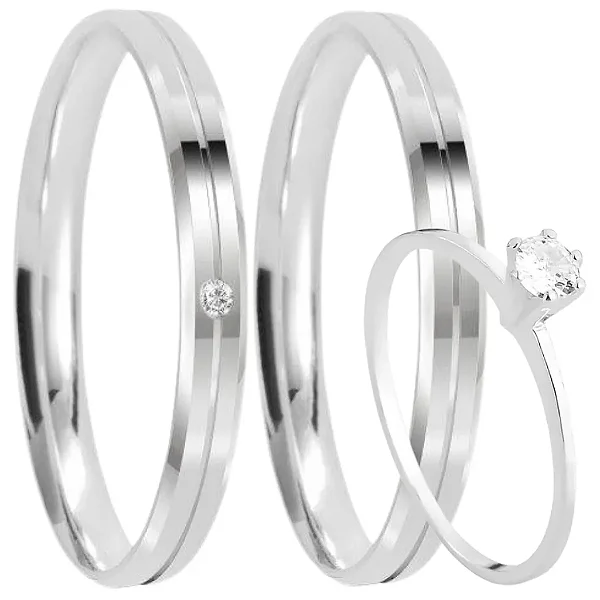 Par de alianças Athena 3mm de namoro + anel solitário prata 950