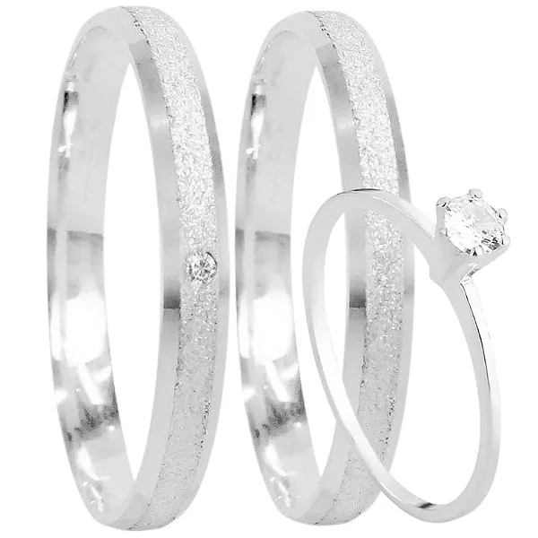 Par de alianças Fauna 3mm de namoro + anel solitário prata 950