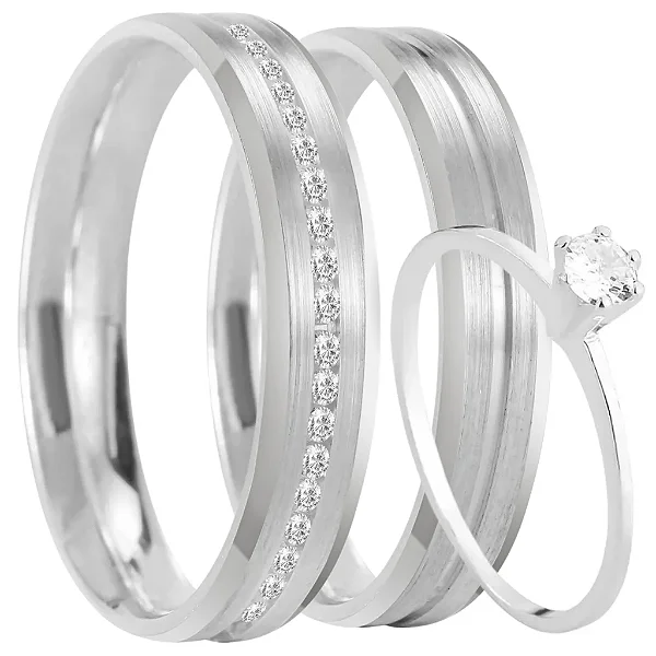 Par de alianças Melissa 5mm de namoro + anel solitário prata 950