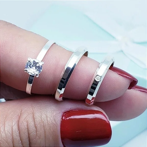 Par de alianças Maris 3mm de namoro + anel solitário prata 950