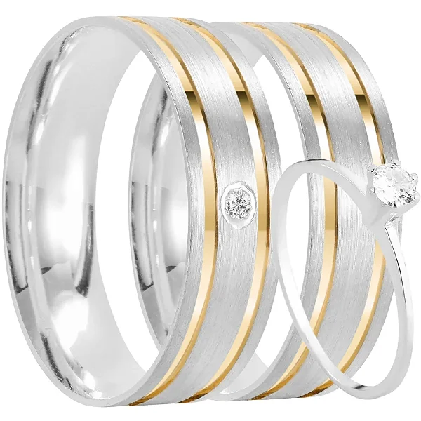 Par de alianças Valentina 4mm de namoro + anel solitário prata 950