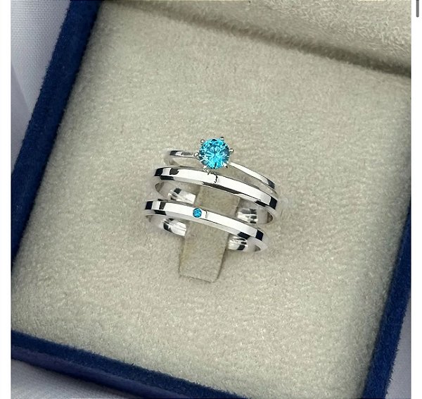 ALIANÇAS DE NAMORO EM PRATA 950 COM ANEL SOLITARIO AZUL CLARO