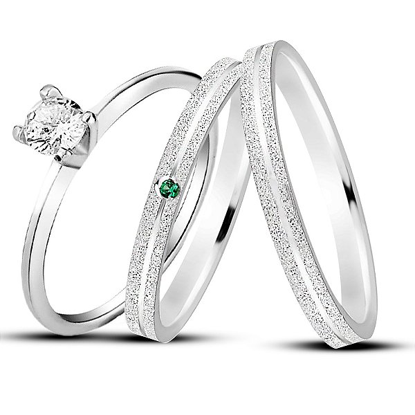 Par de alianças Aura 2mm Verde de namoro + anel solitário Classic prata 950