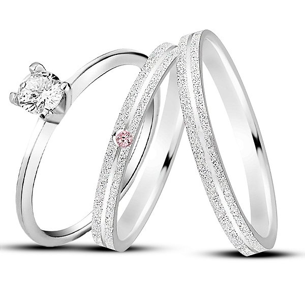 Par de alianças Aura 2mm Rosa de namoro + anel solitário Classic prata 950
