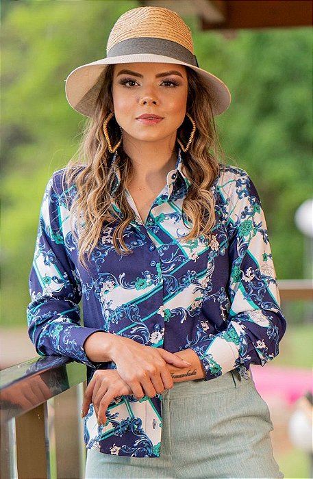 Camisa Manga Longa Estampa Lenço Verde Jade