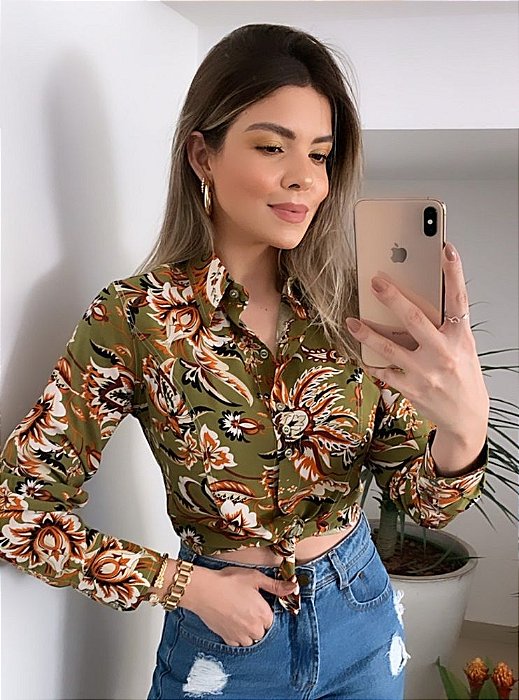 Camisa Manga Longa Estampa Floral Verde Musgo