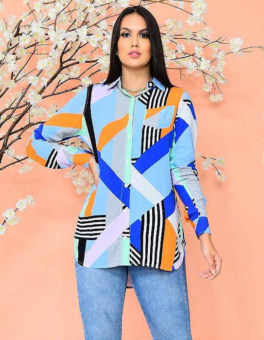 Max Camisa Manga Longa Estampa Geométrica Azul e Laranja