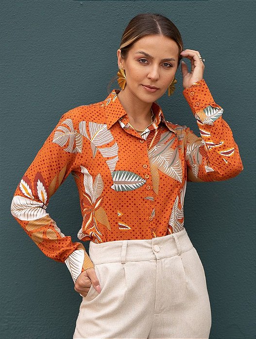 Camisa Manga Longa Estampa Tropical Fundo Laranja