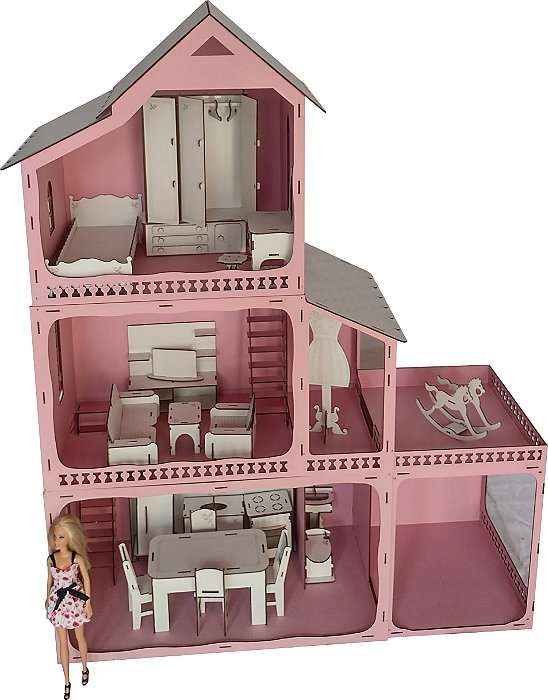 Casa Casinha Da Barbie + Garagem em Mdf Rosa e Branco Com 22 Móveis -  Mundinho do Mdf