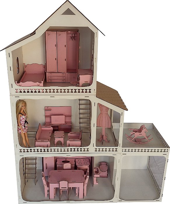 Casa Casinha Da Barbie + Garagem em Mdf Branco Com 22 Móveis Rosa -  Mundinho do Mdf