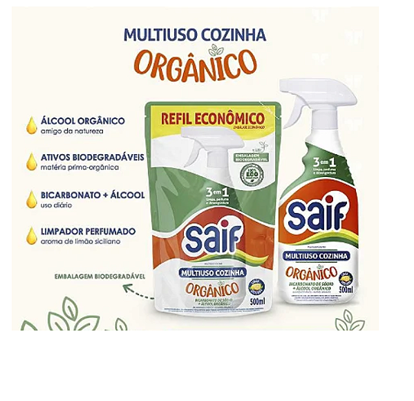 Multiuso Cozinha  Orgânico Bicarbonato Gatilho 500ml + Sachê 500ml - Saif