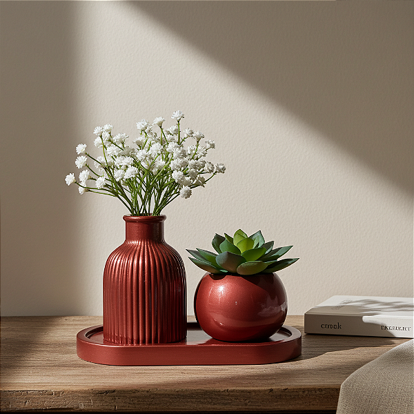 Kit Decorativo em Gesso com Bandeja e Vasos