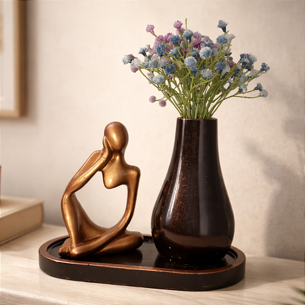 Escultura Decorativa Moderna em Gesso com Vaso e Bandeja | Enfeite para Sala Quarto Escritório