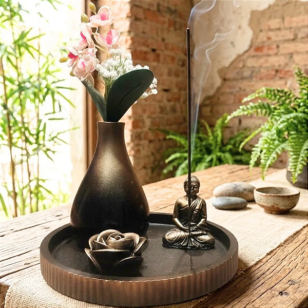 Conjunto Zen Black Gold Incensário e Vaso Preto em Gesso
