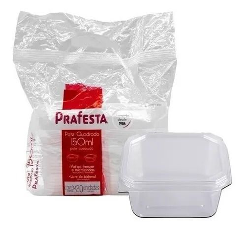POTE QUADRADO C/ TAMPA 150ML PRAFESTA C/ 20 UND