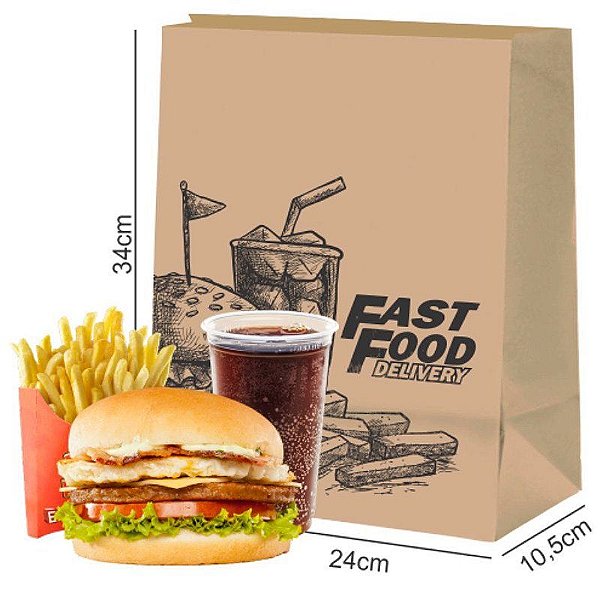 SACO KRAFT "FAST FOOD" 24X34X10,5 CM  C/100 UND ABRIDÃO