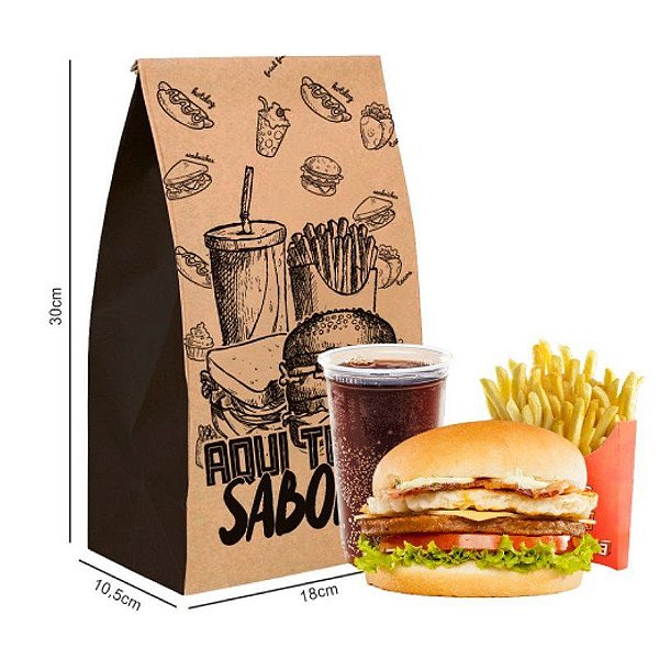 SACO KRAFT "AQUI TEM SABOR" 18X30X10,5 CM C/100 UND ABRIDÃO