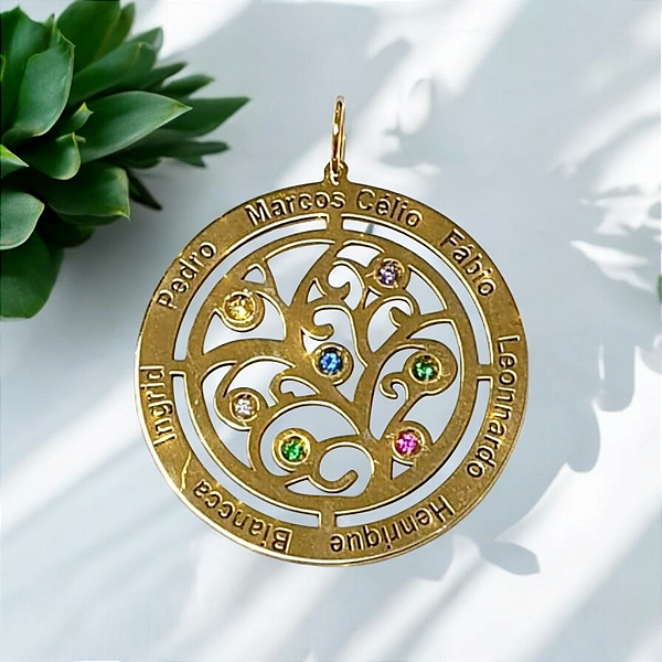Pingente de Ouro Amarelo Gravação Personalizada com Pedras Naturais