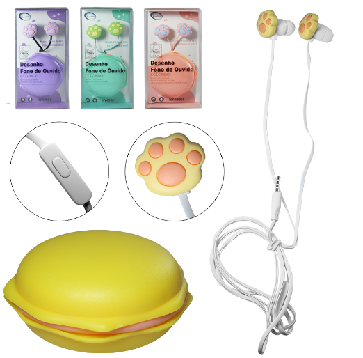 Fone de Ouvido Patinha  Gato C/ Microfone em Plástico  com CASE -Interponte