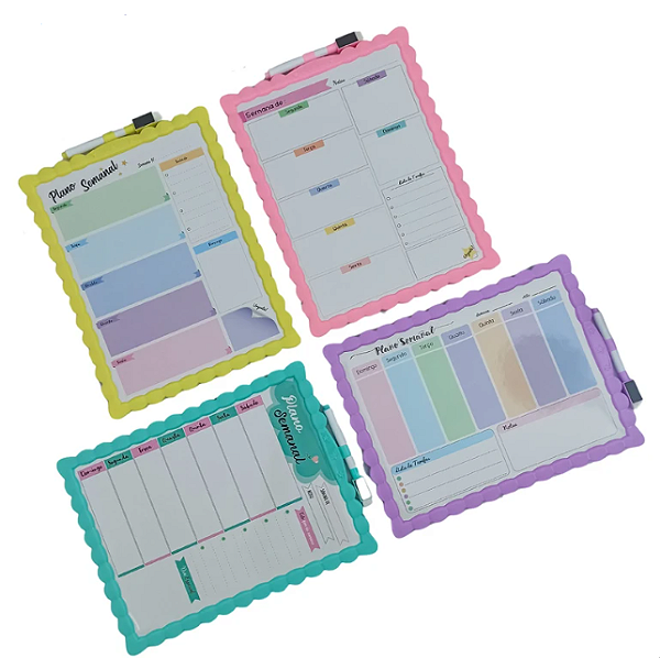 Quadro Branco de Recado e Plano Semanal Magnético 28x21cm (Amarelo, Lilás, Rosa e Verde) com marcador - Interponte